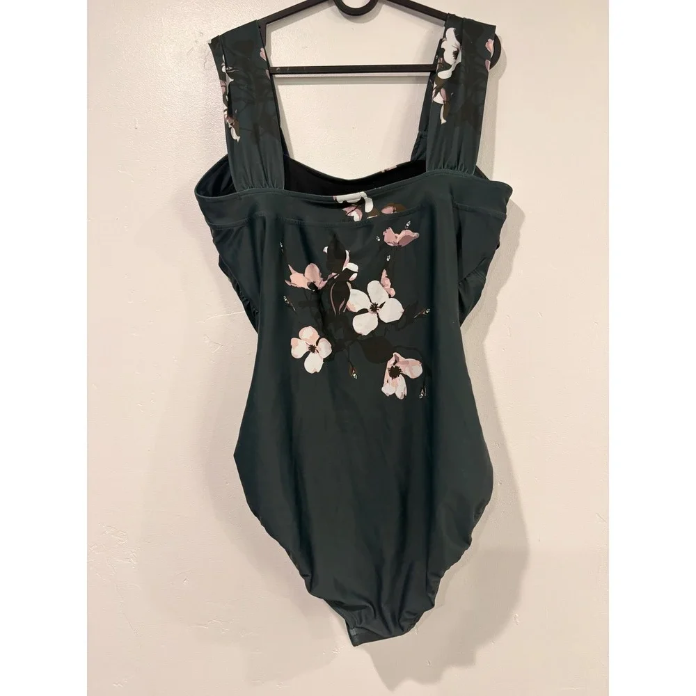 Albion Fit Maria One Piece Swimsuit XXL Forest Green Floral Ruched Square Neck